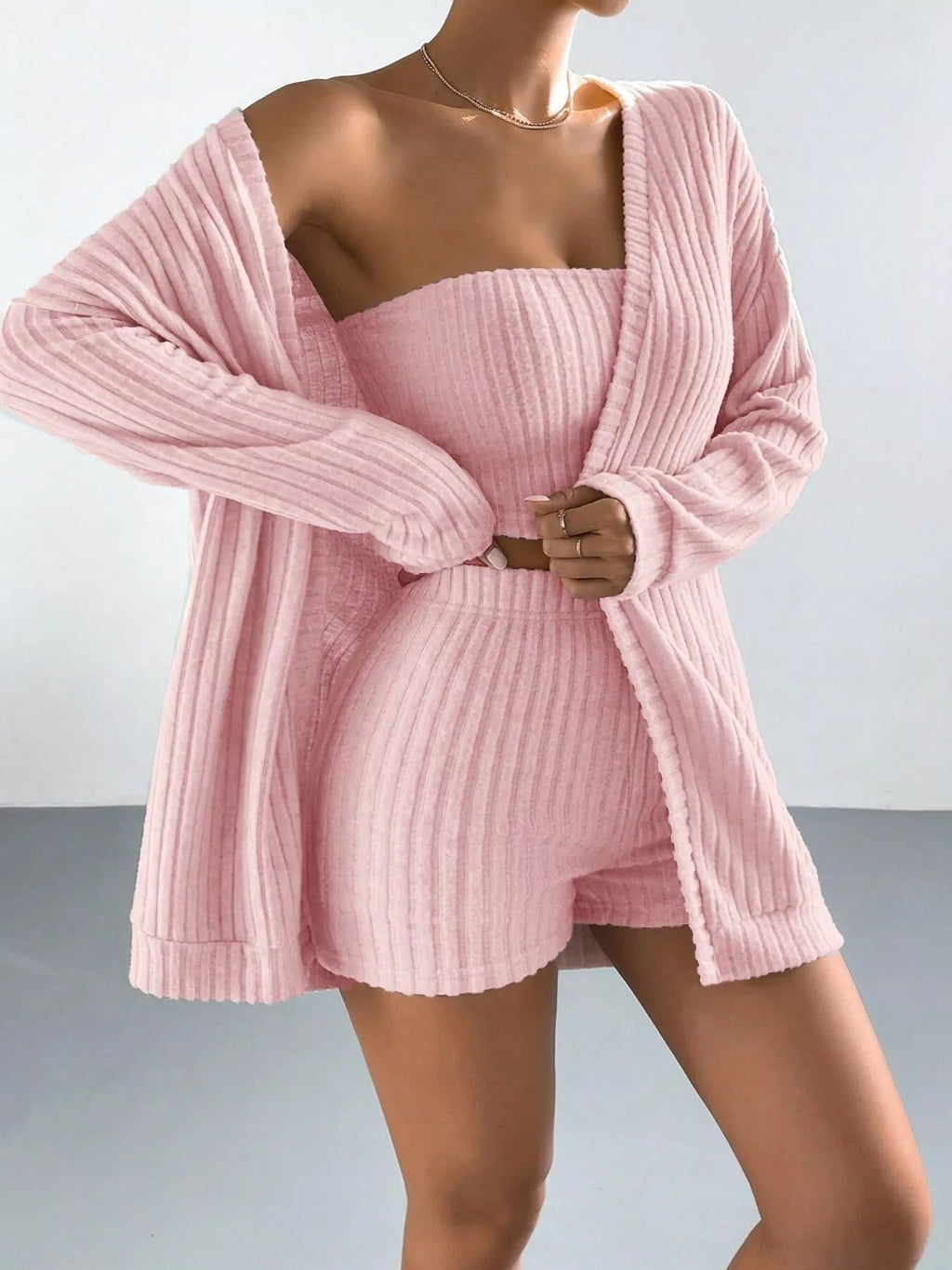 3-Piece Ribbed Knit Cardigan & Tube Top and Shorts Set - Lilixa.store
