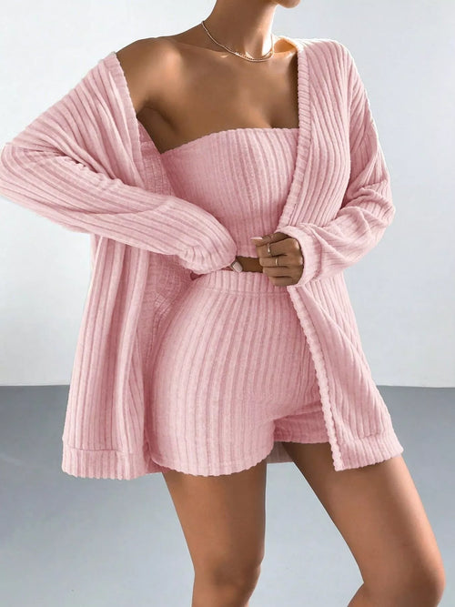 3-Piece Ribbed Knit Cardigan & Tube Top and Shorts Set - Lilixa.store
