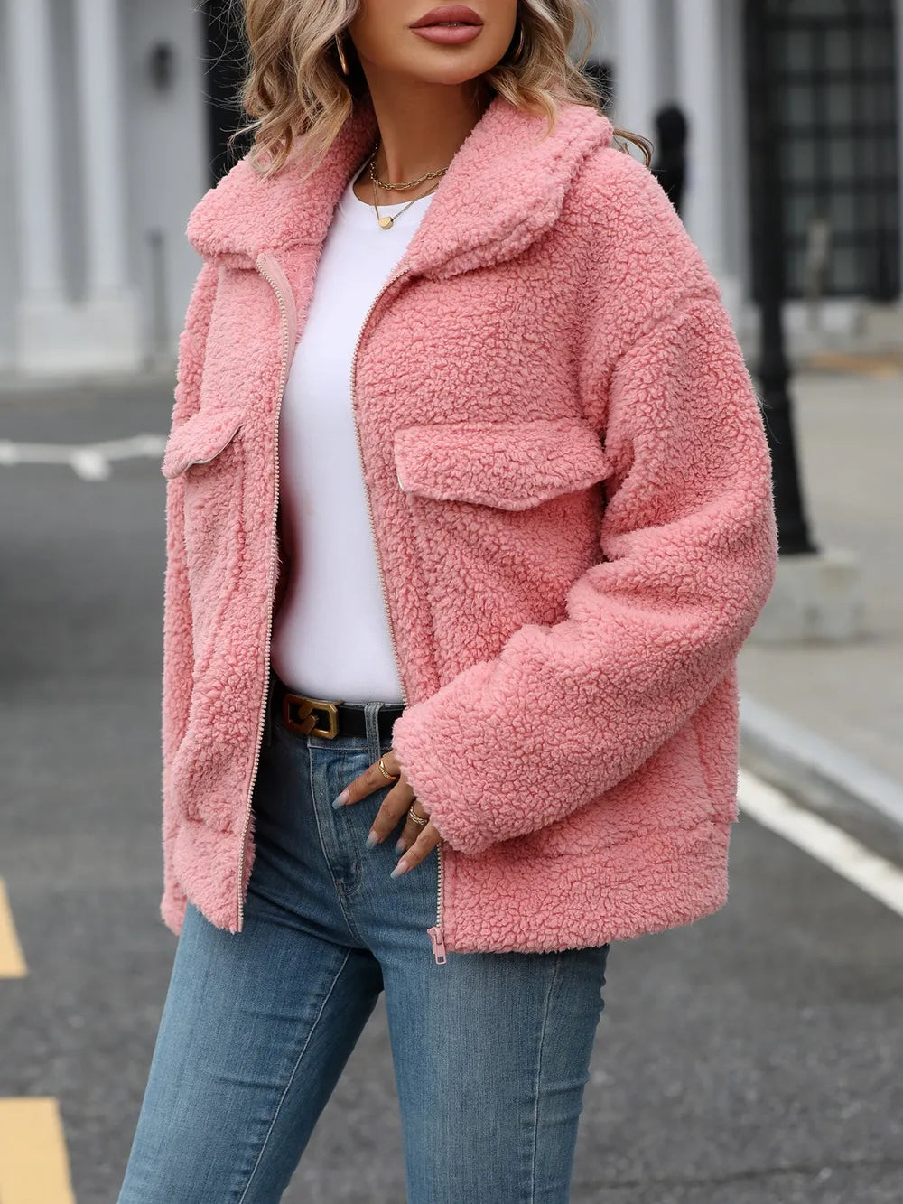 Zip Up Long Sleeve Plush Jacket in Burnt Coral, view 4