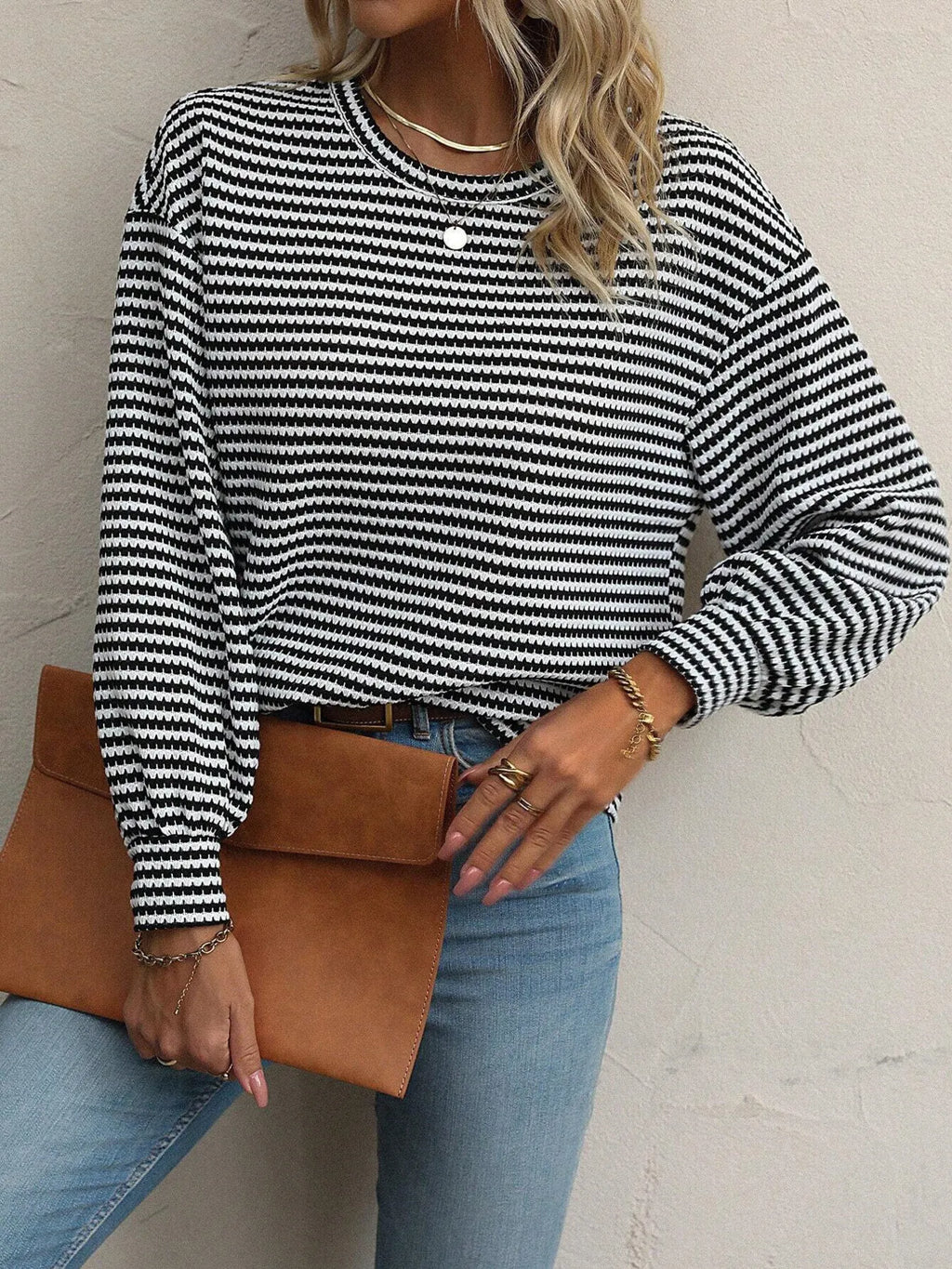 Striped Round Neck Lantern Sleeve Top - Lilixa.store