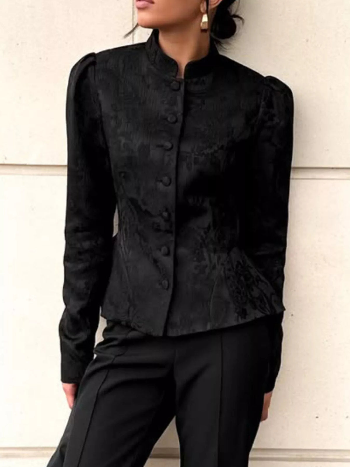 Jacquard Peplum Puff Sleeve Outerwear - Lilixa.store