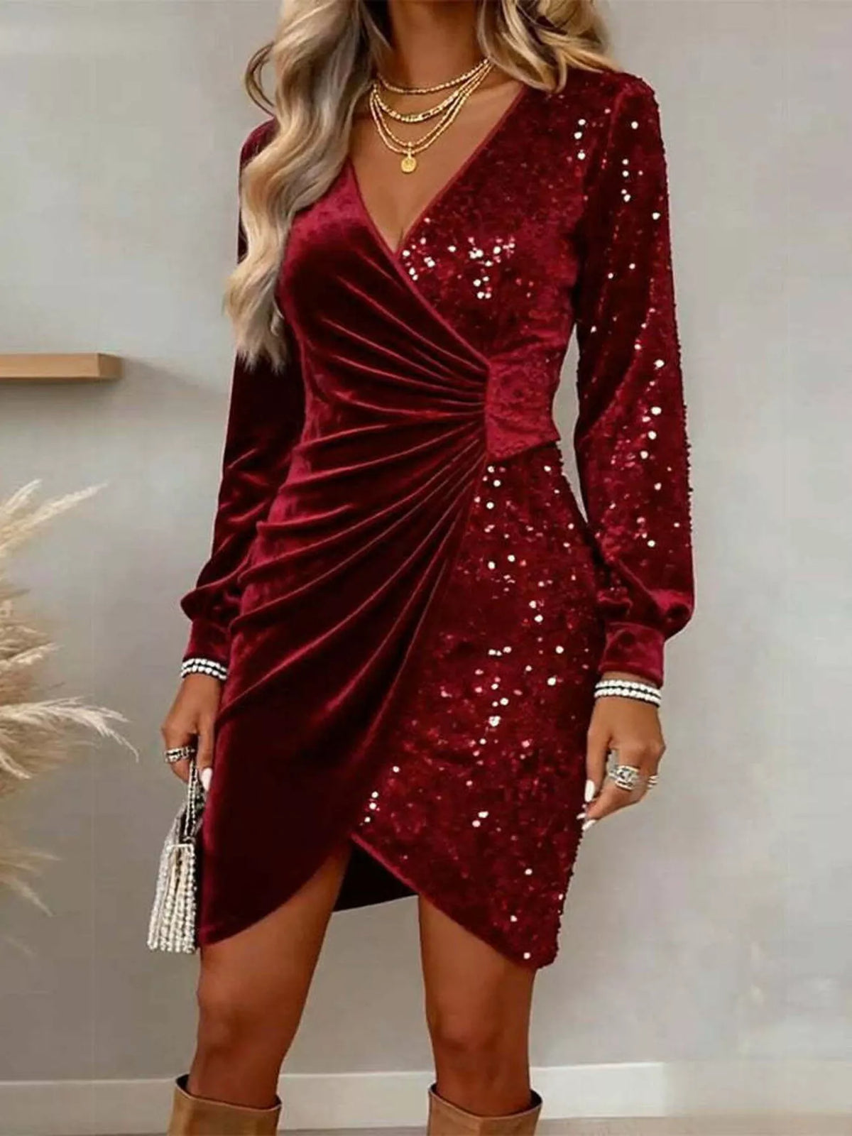 Velvet Sequin Long Sleeve Wrap Dress - Lilixa.store
