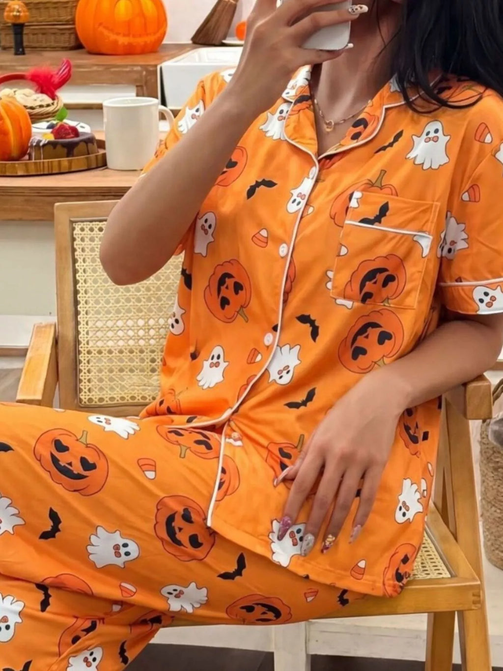 Halloween Pumpkin Print Button-Down Top and Pants Set - Lilixa.store