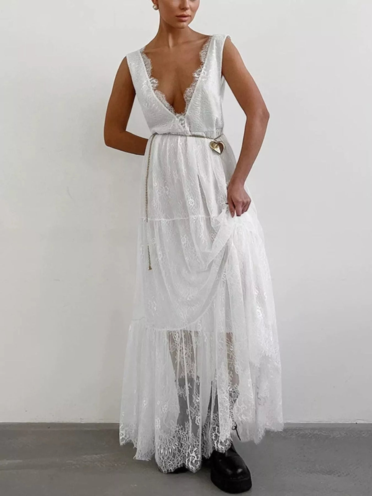 Lace V-Neck Sleeveless Maxi Dress - Lilixa.store