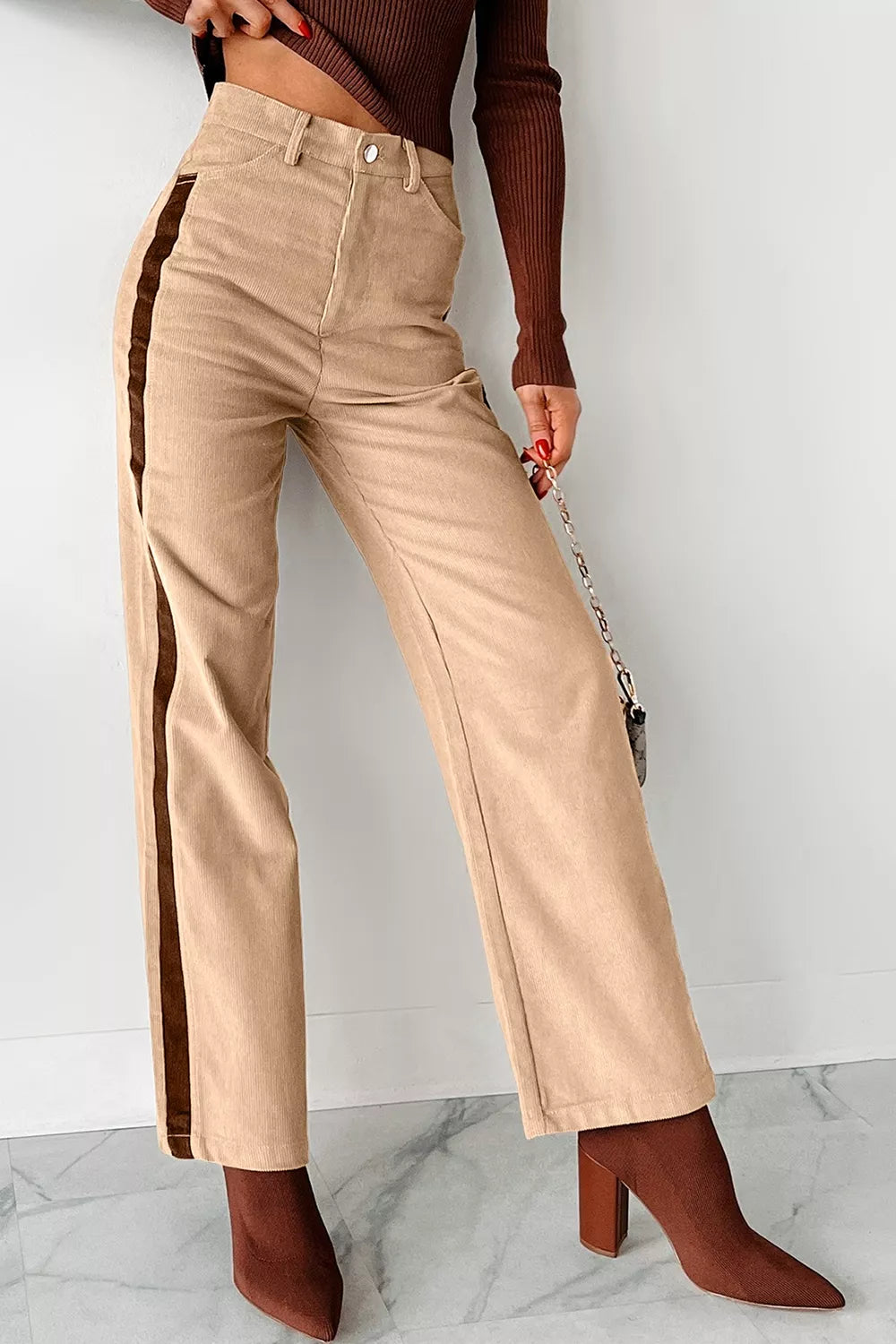 Corduroy Side Panel Colorblock Straight Leg Pants in Tan