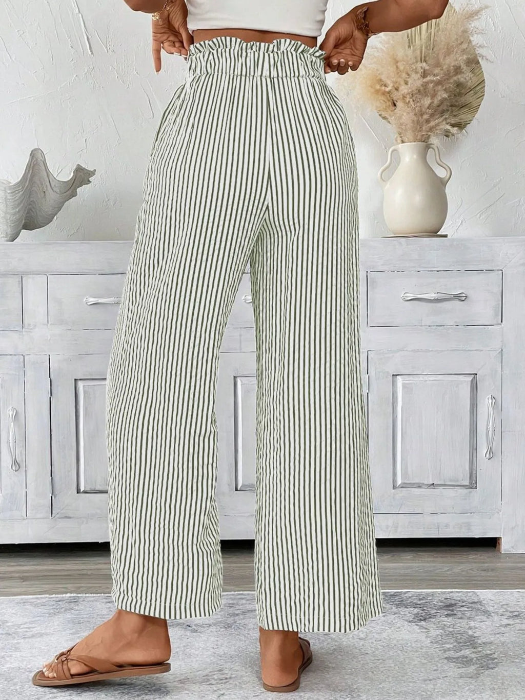 Full Size Striped Wide Leg Paper Bag Pants Plus Size - Lilixa.store