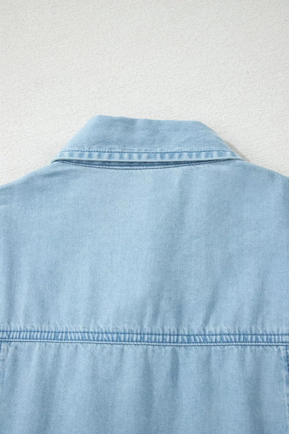 Full Buttons Collared Short Bubble Sleeve Long Denim Dress in Light Blue, view 11