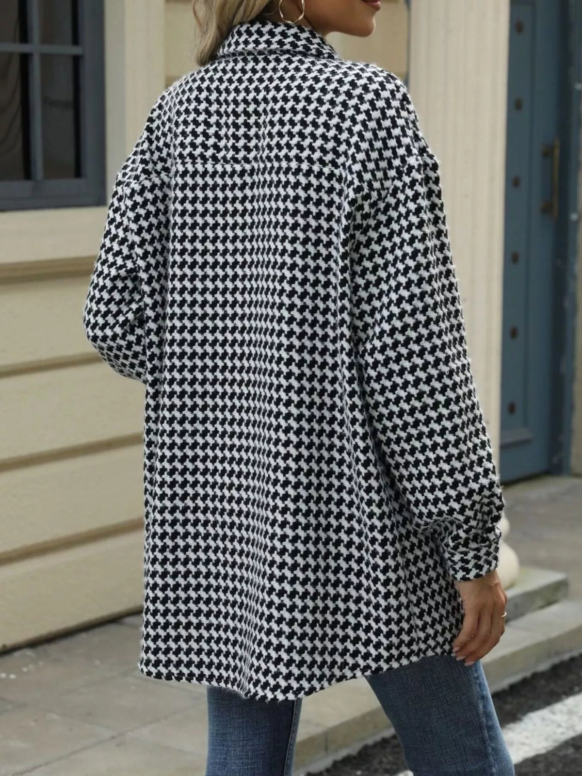 Houndstooth Button Up Long Sleeve Coat, view 5