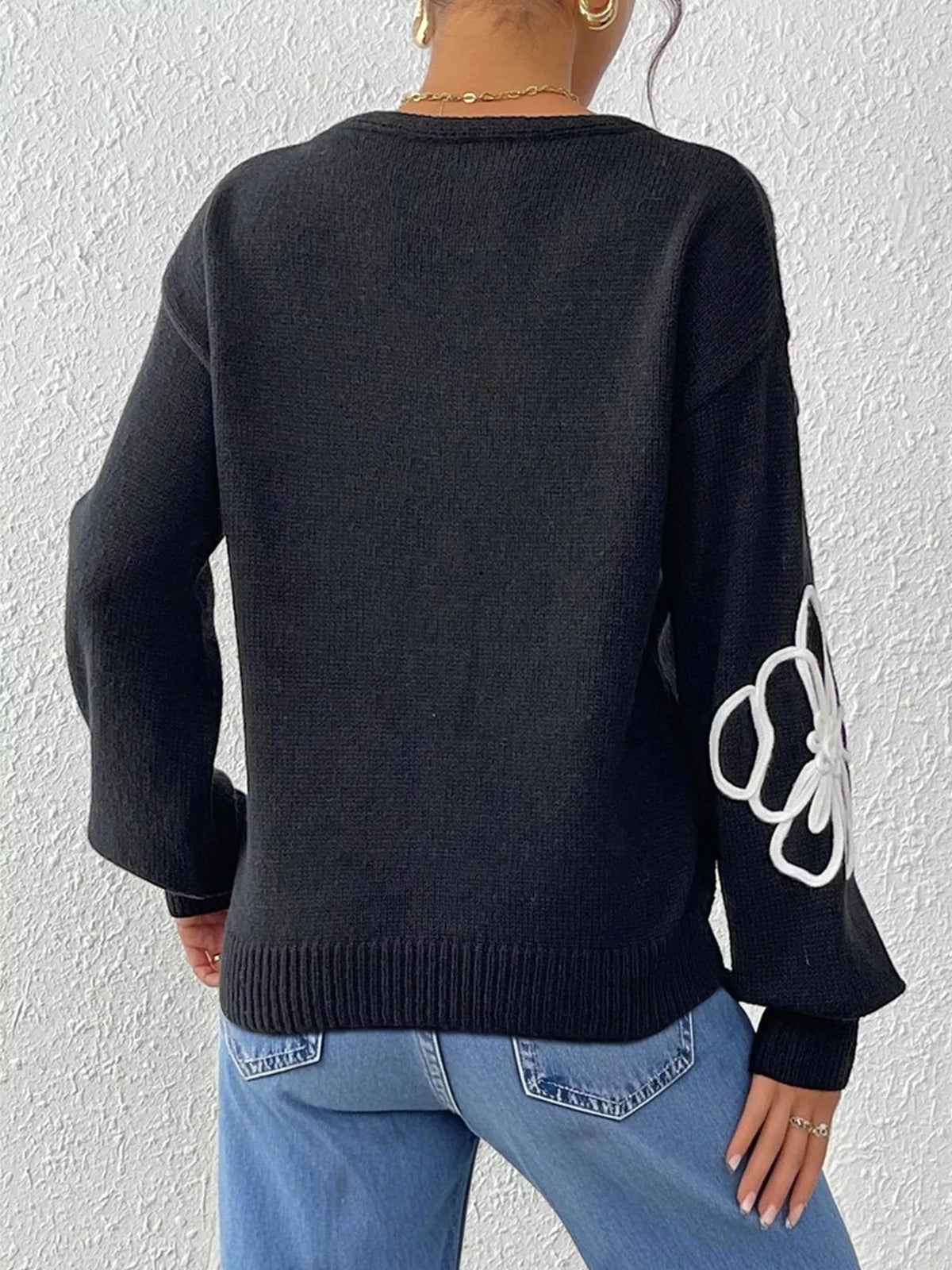Flower V-Neck Dropped Shoulder Sweater