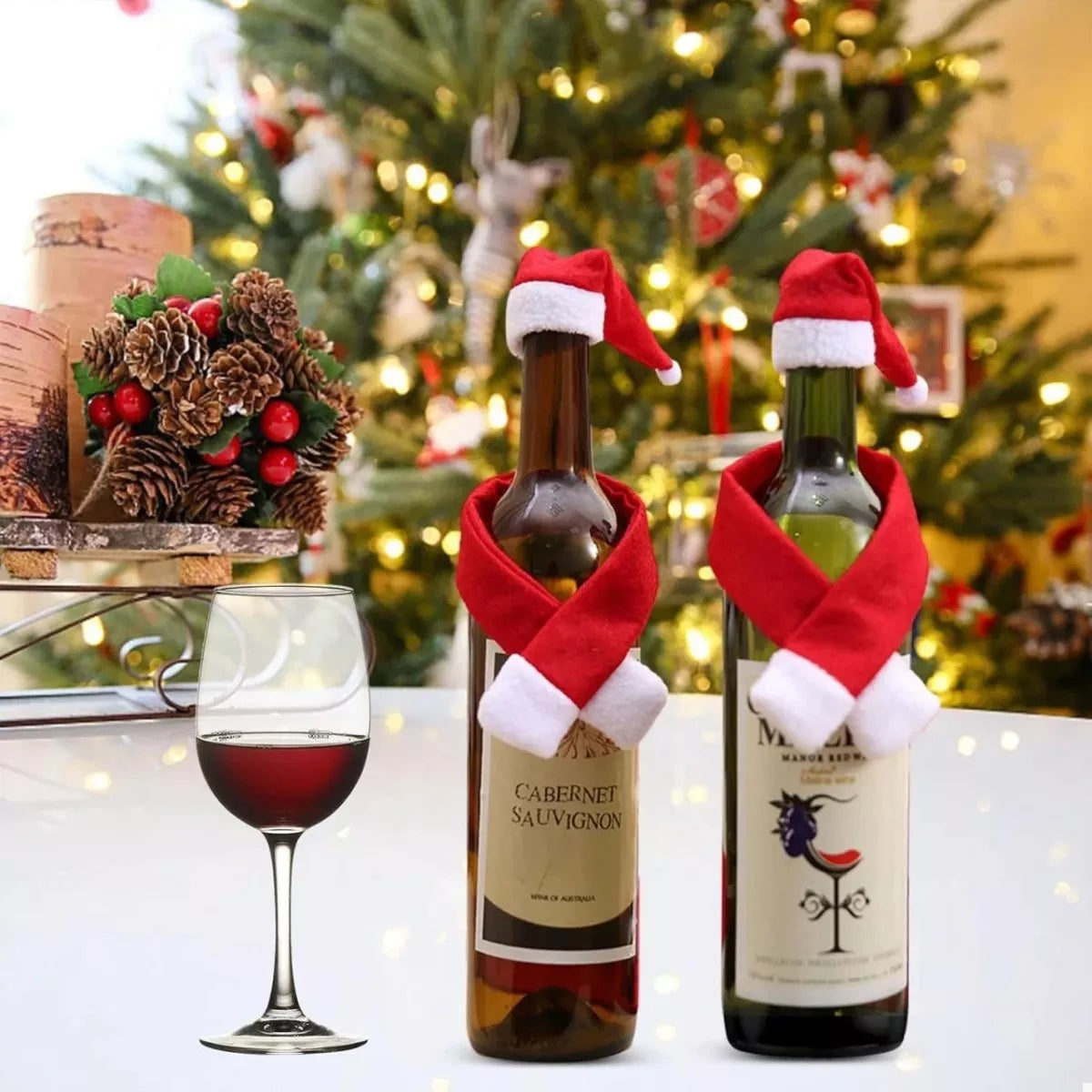 2 Piece Christmas Wine Bottle Santa Hat & Scarf Decorative Covers - Lilixa.store
