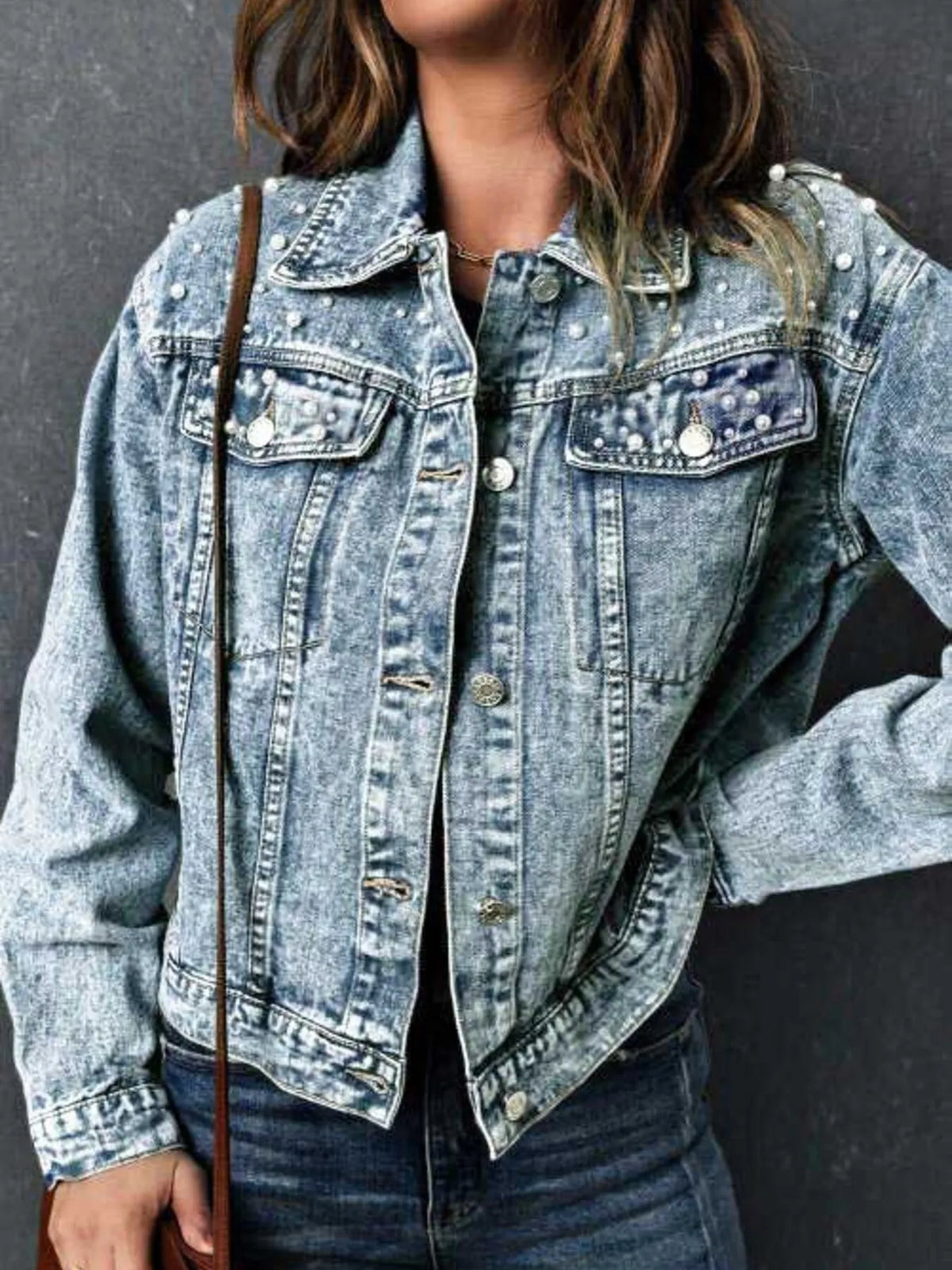 Full Size Pearl Detail Button Up Long Sleeve Denim Jacket Plus Size in Denim Blue