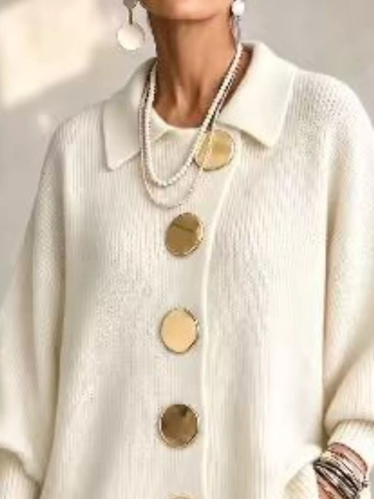Full Size Gold Buttons Lantern Sleeve Cardigan Plus Size - Lilixa.store