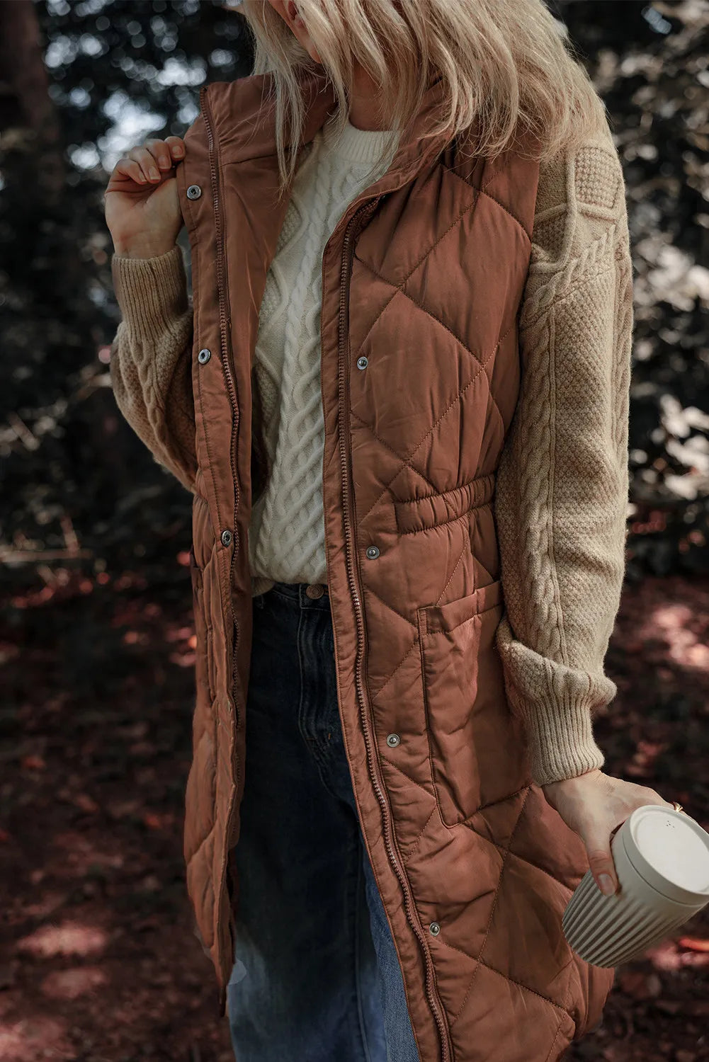 Pocketed Zipper and Button Vest Coat, view 2