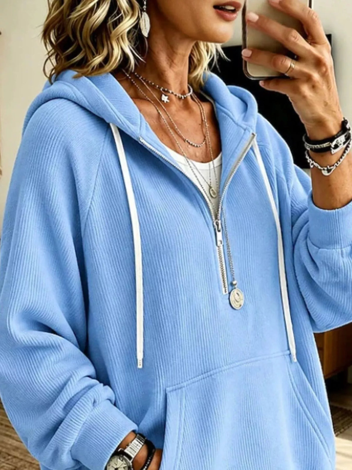 Ribbed Knit Quarter-Zip Hoodie with Kangaroo Pocket - Lilixa.store
