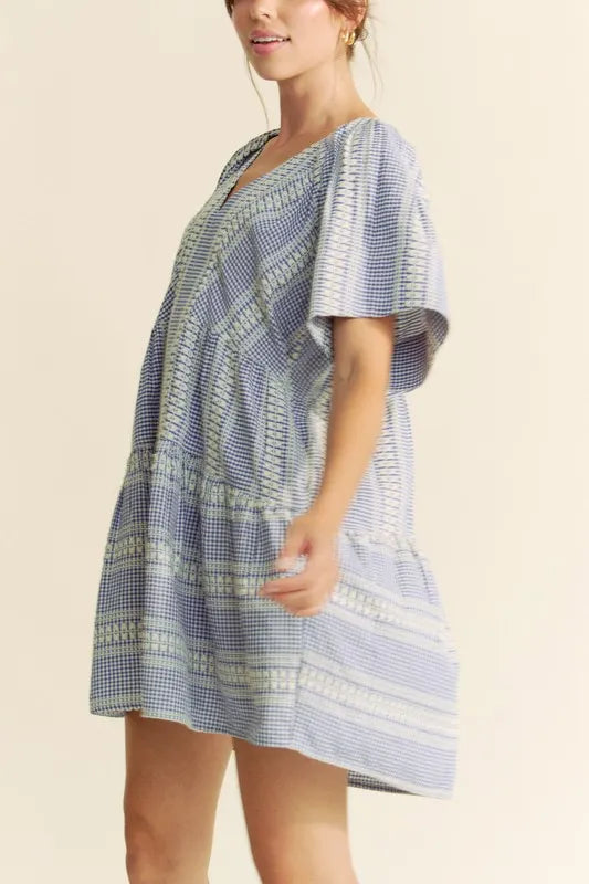 Davi & Dani Embroidered Stripe Ruffled Gingham Mini Dress - Lilixa.store