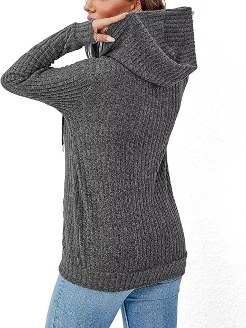 Ribbed Zip Up Hooded Outerwear - Lilixa.store