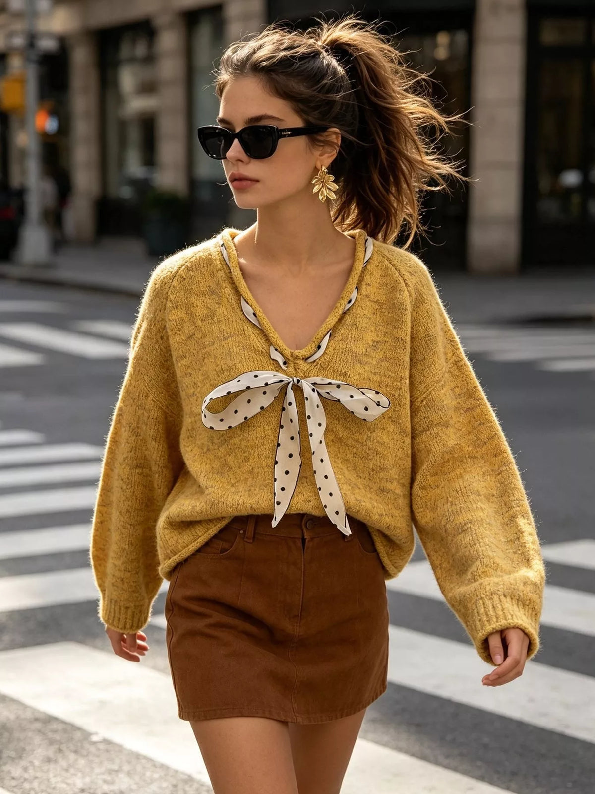 Chic V-Neck Sweater with Polka Dot Ribbon Tie, view 19