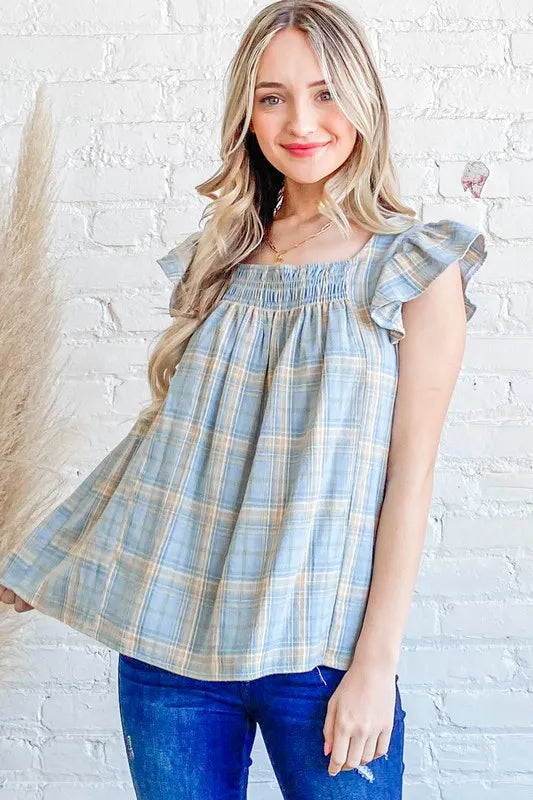 And The Why Plaid Print Smocked Detail Ruffle Baby Doll Top - Lilixa.store