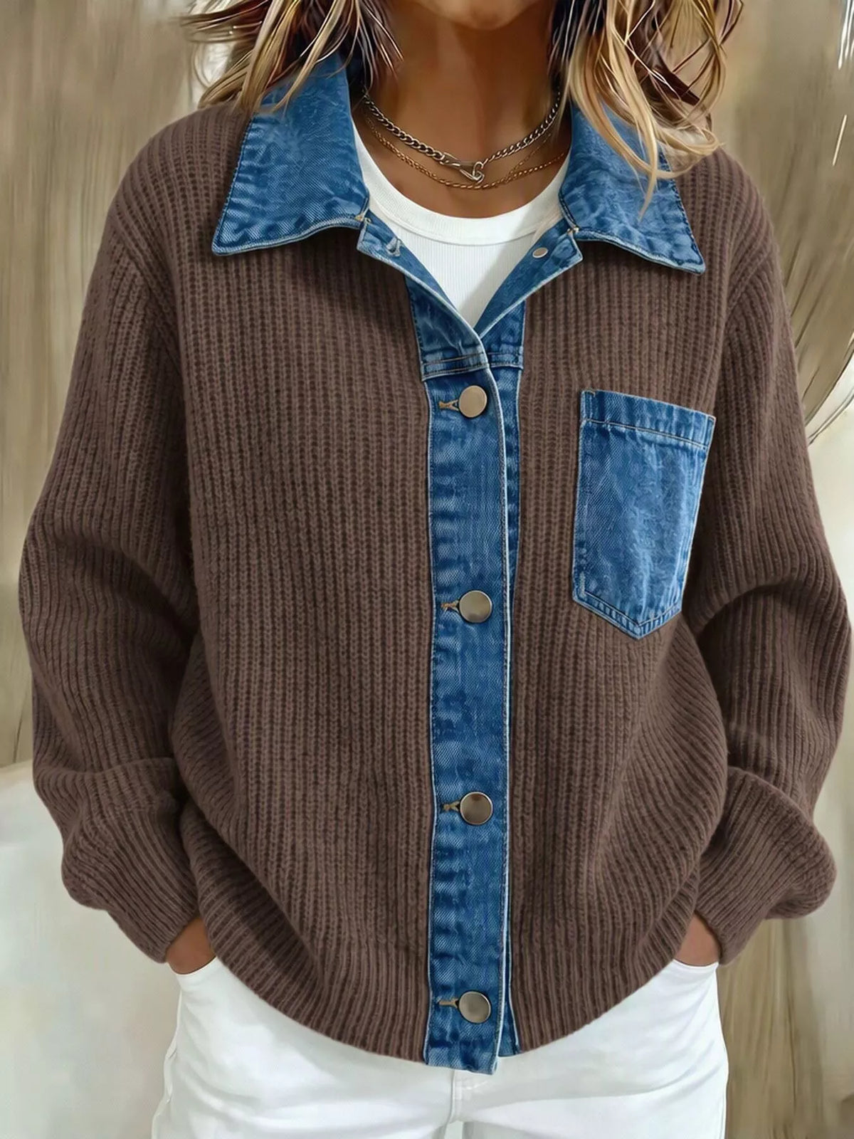 Denim Trim Button Up Cardigan - Lilixa.store