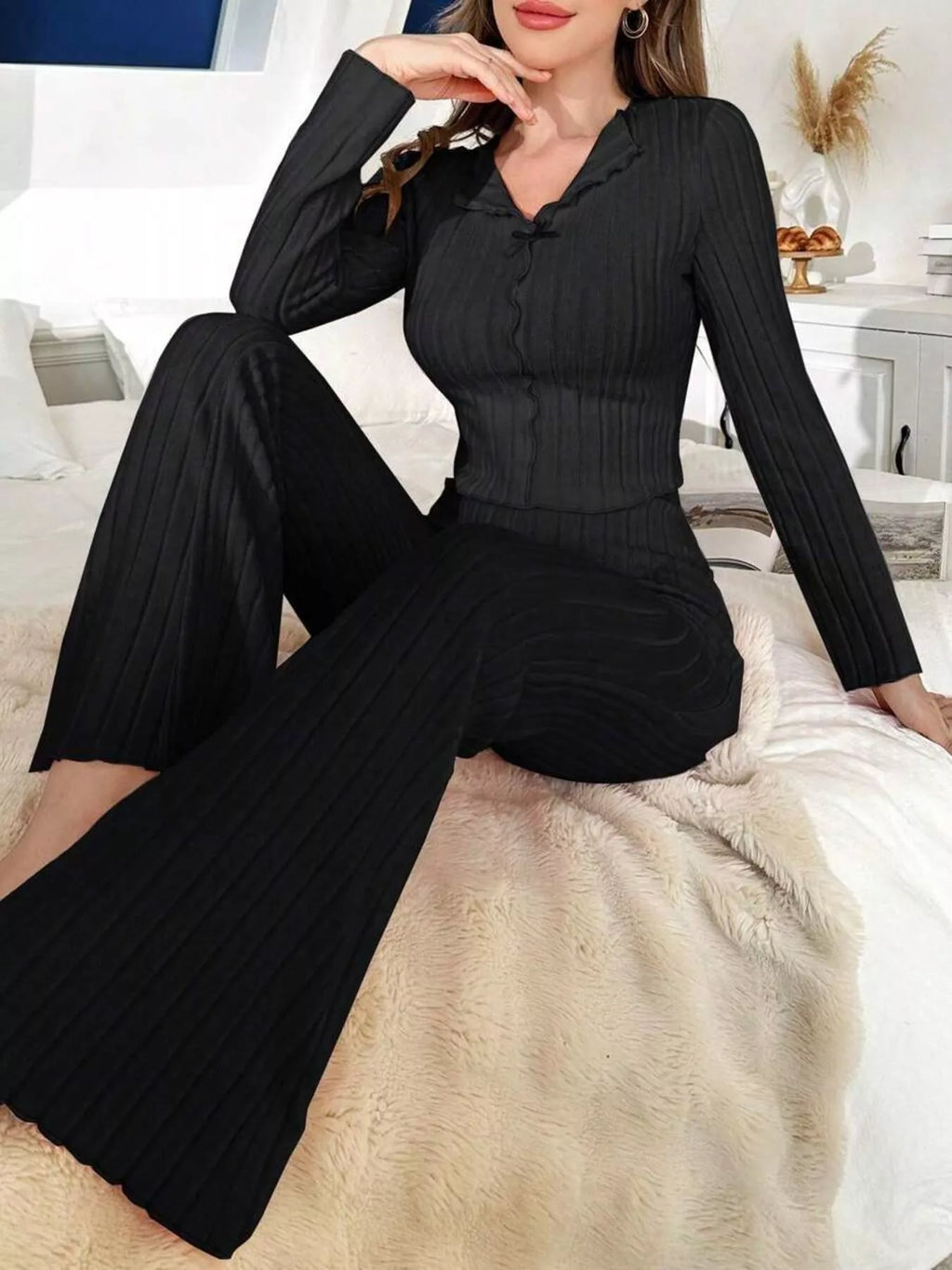 Bow Detail Ribbed Knit Top and Pants Lounge Set - Lilixa.store