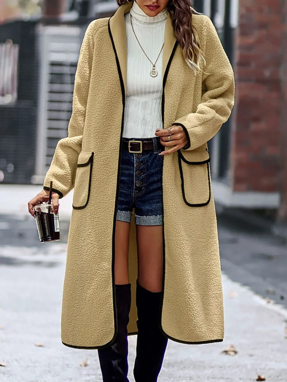 Full Size Contrast Trim Long Sleeve Coat with Pockets in Camel