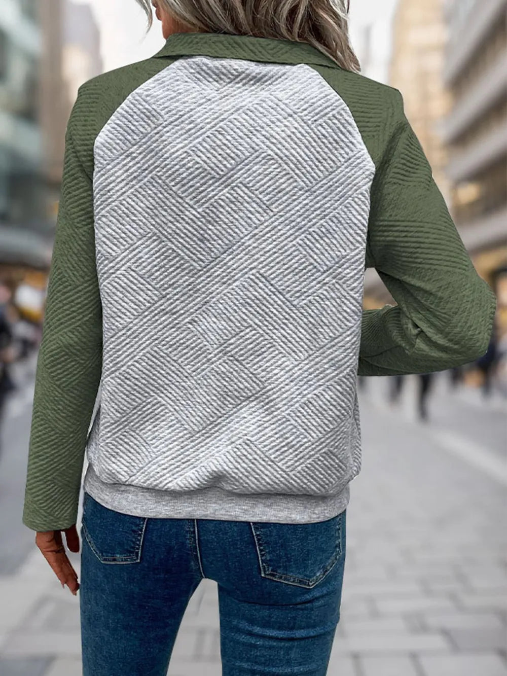 Perfee Contrast Textured Long Sleeve Sweatshirt - Lilixa.store