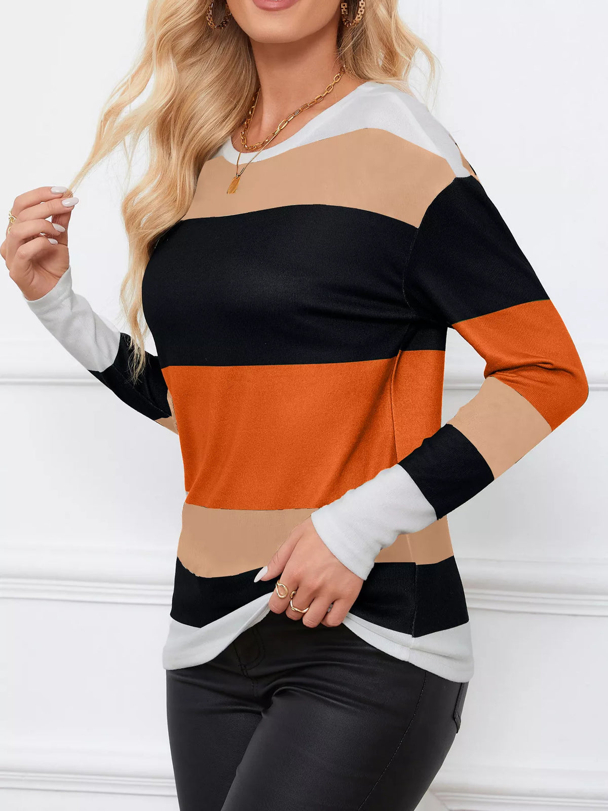 Leopard Color Block Striped Knit Top - Lilixa.store