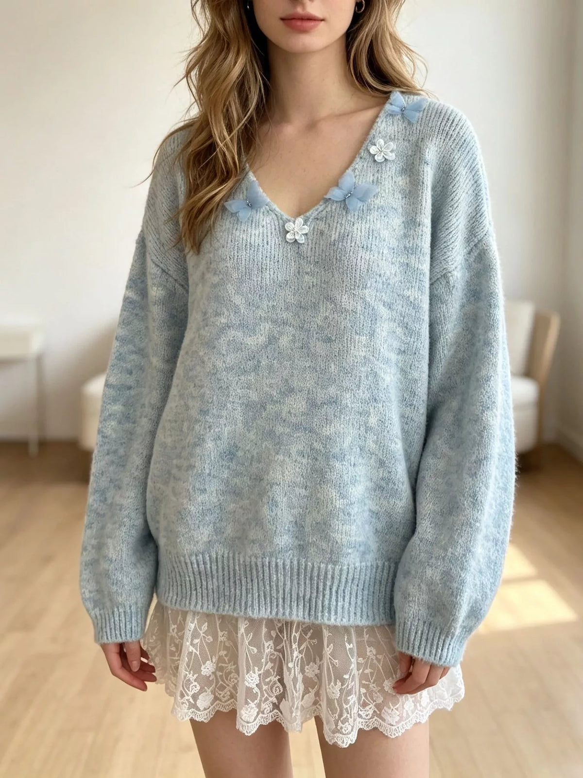 V-Neck Floral Applique Lace Hem Sweater, view 2