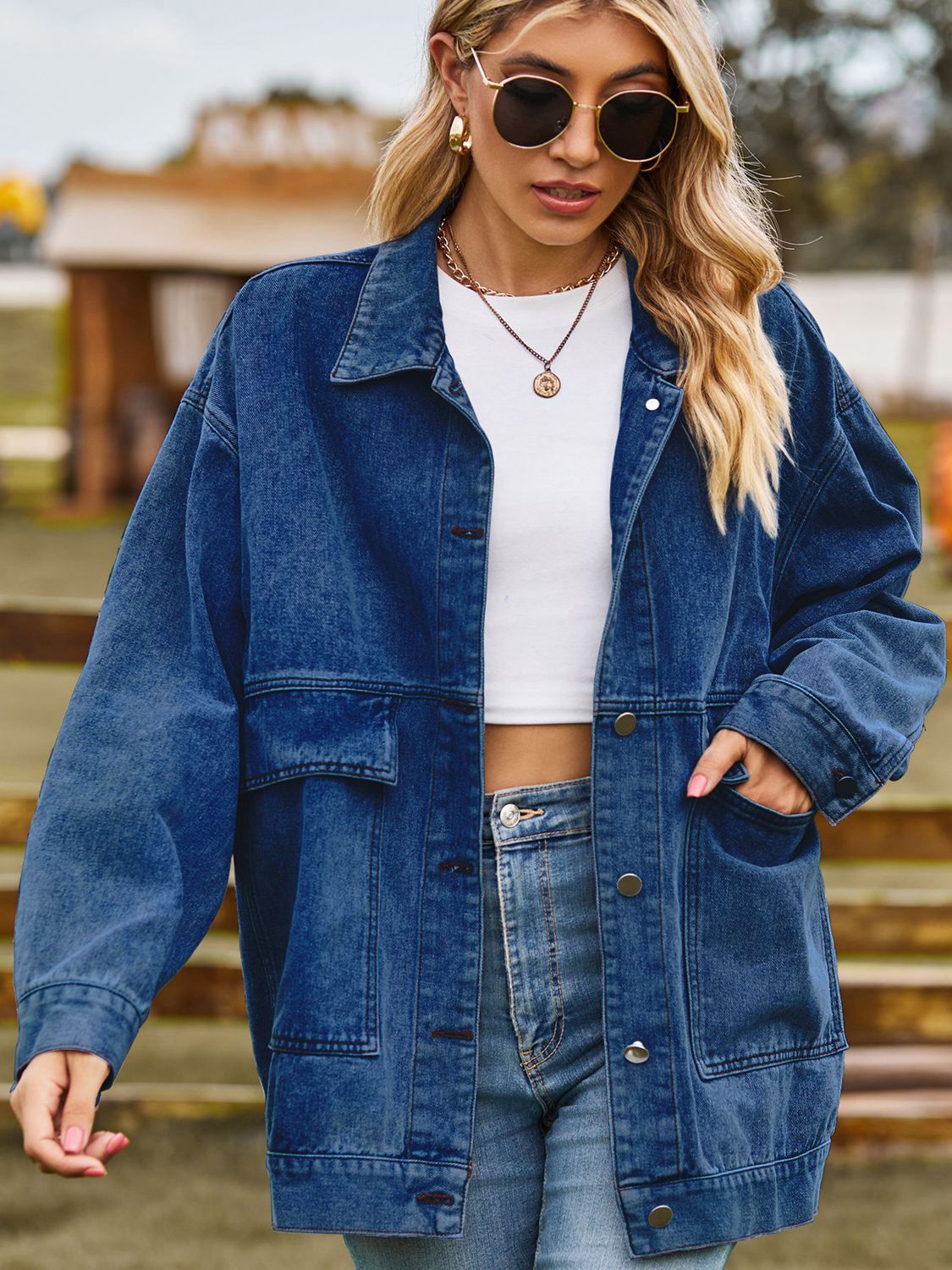 Dropped Shoulder Denim Jacket with Pockets in Dark Gray