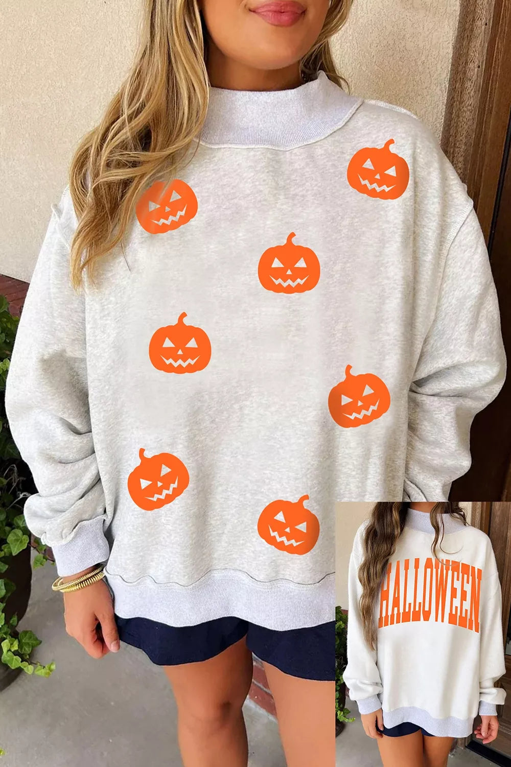 Halloween Pumpkin Face Print Mock Neck Reversible Sweatshirt - Lilixa.store