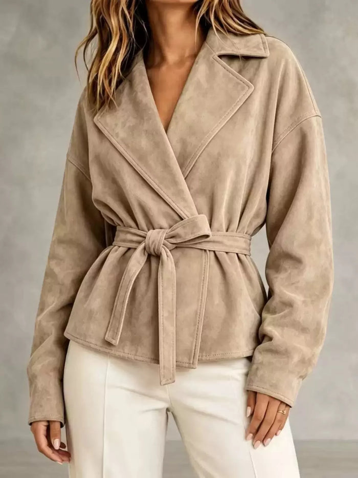 Tie-Waist Lapel Collar Jacket in Apricot