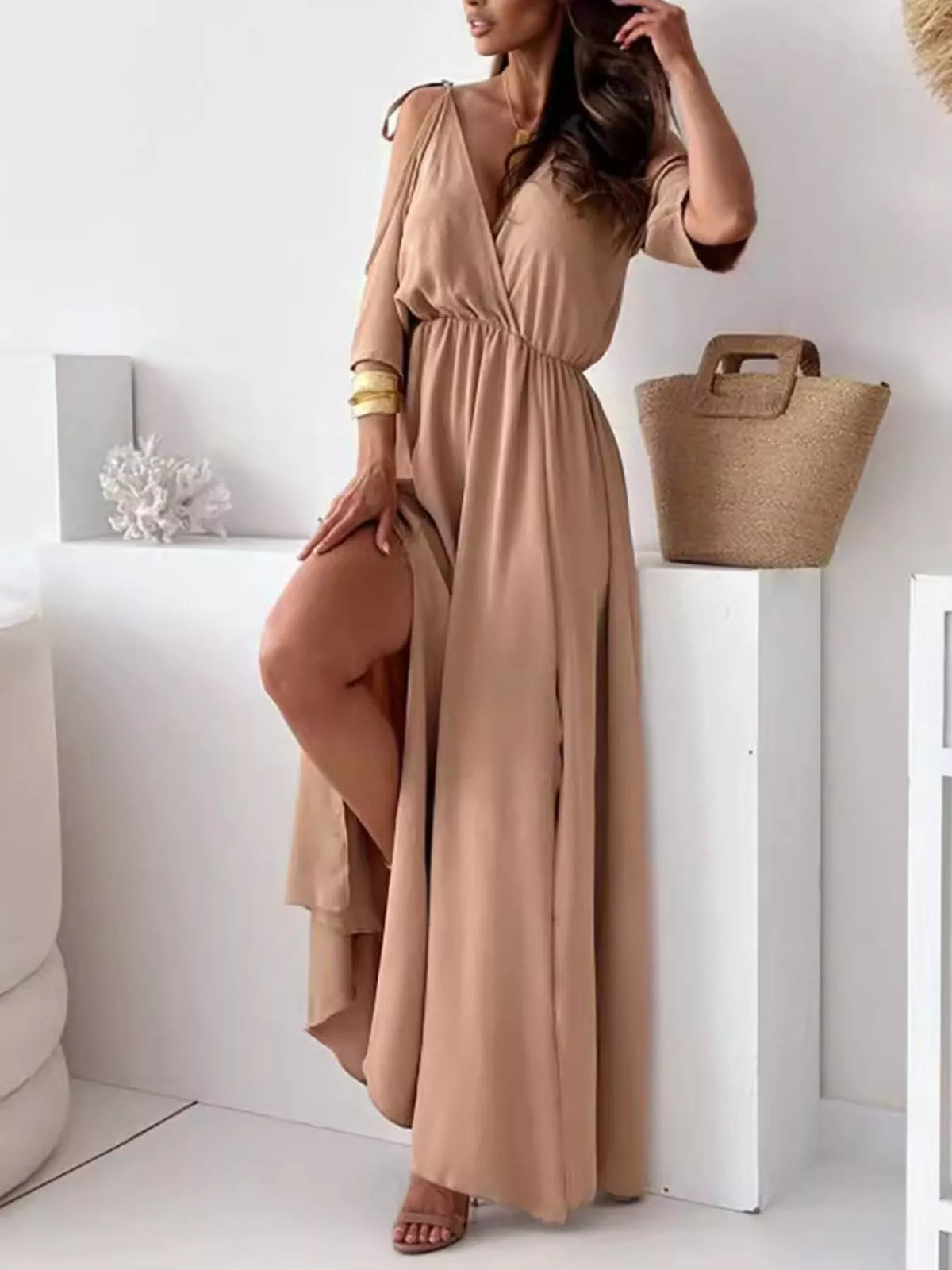 Slit Cold Shoulder Maxi Dress - Lilixa.store