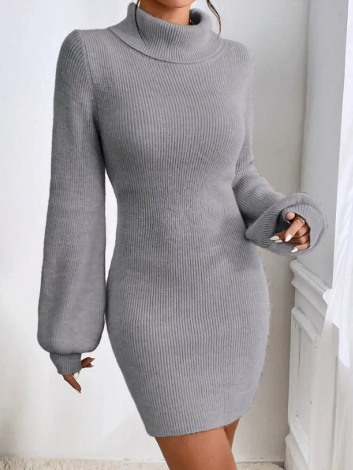 Turtleneck Ribbed Knit Sweater Dress, view 7