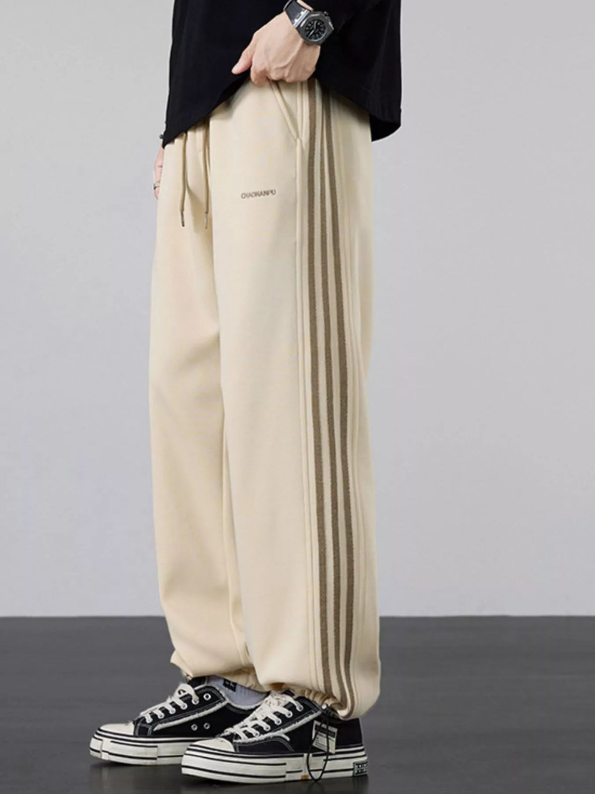 Men's Plus Size Casual Striped Wide Leg Sweatpants in Khaki