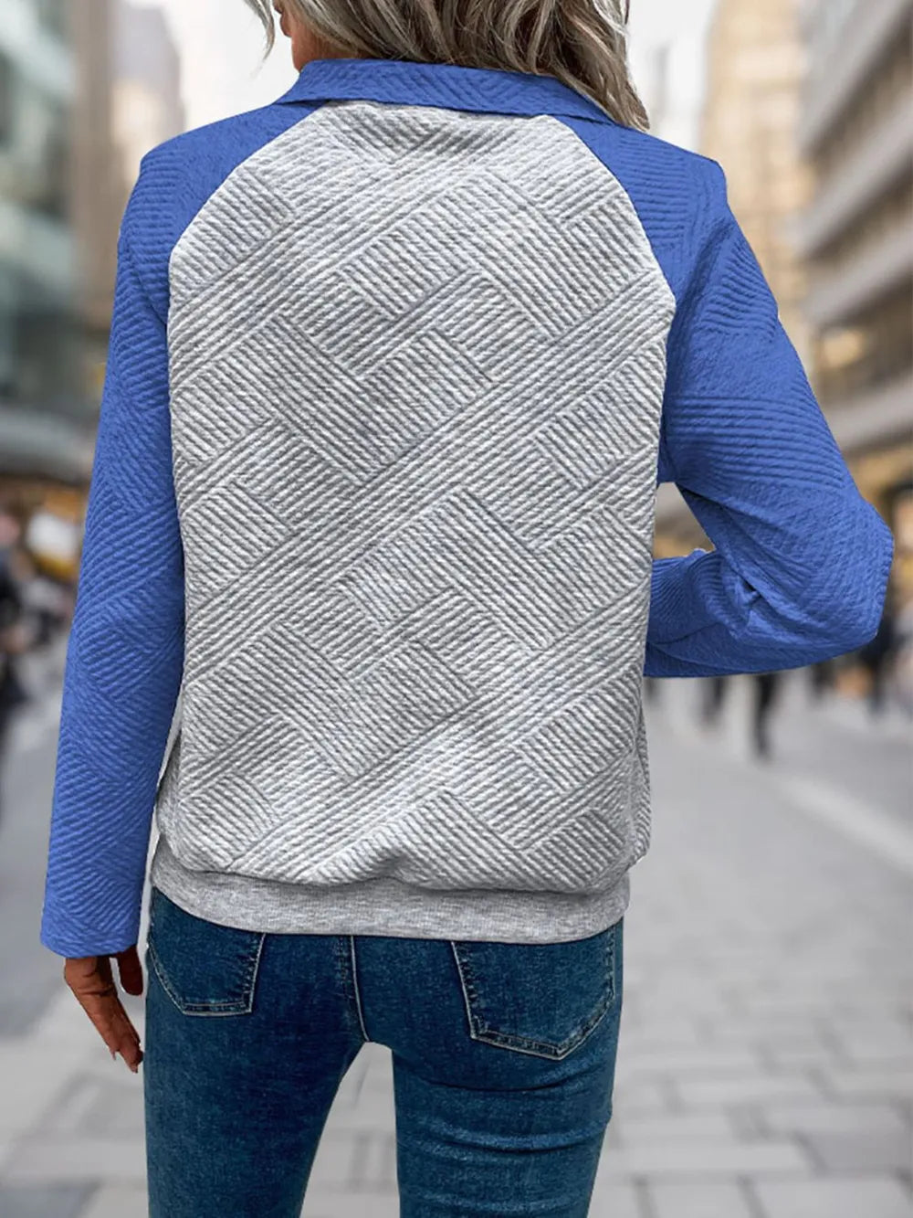 Perfee Contrast Textured Long Sleeve Sweatshirt - Lilixa.store