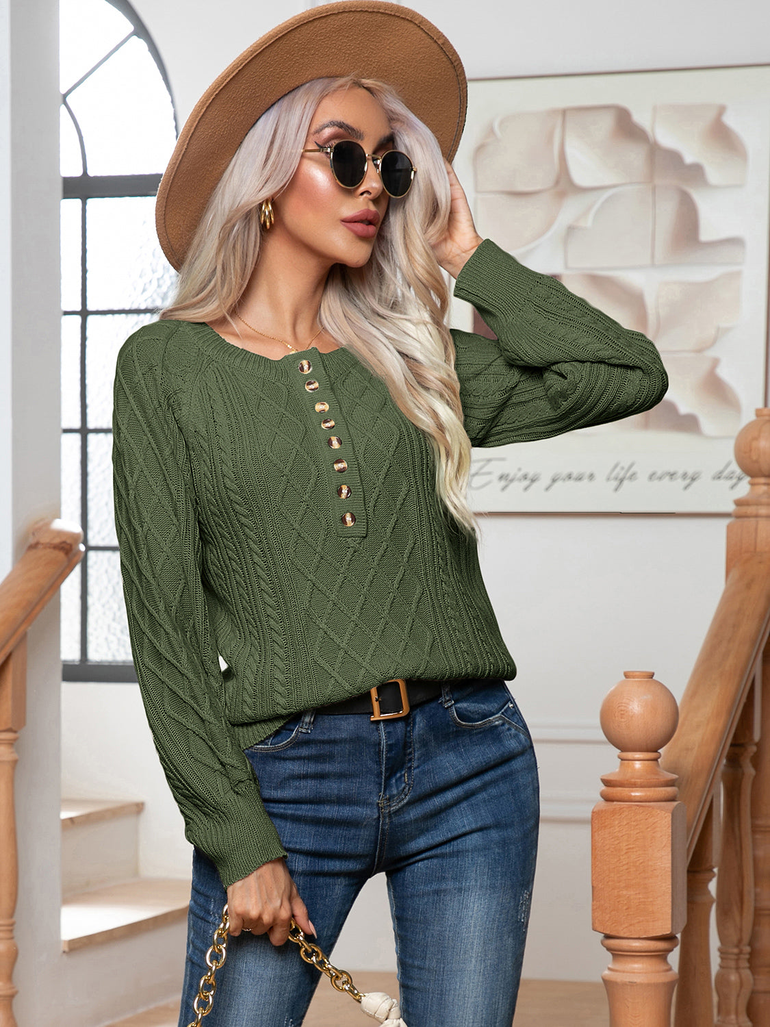 Cable-Knit Round Neck Buttoned Sweater, view 7
