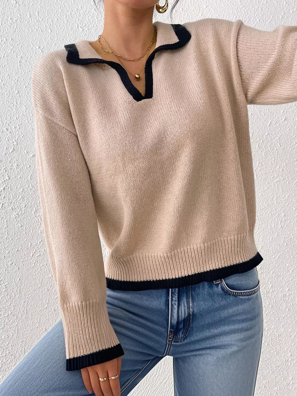 Contrast Trim Polo Collar Sweater - Lilixa.store