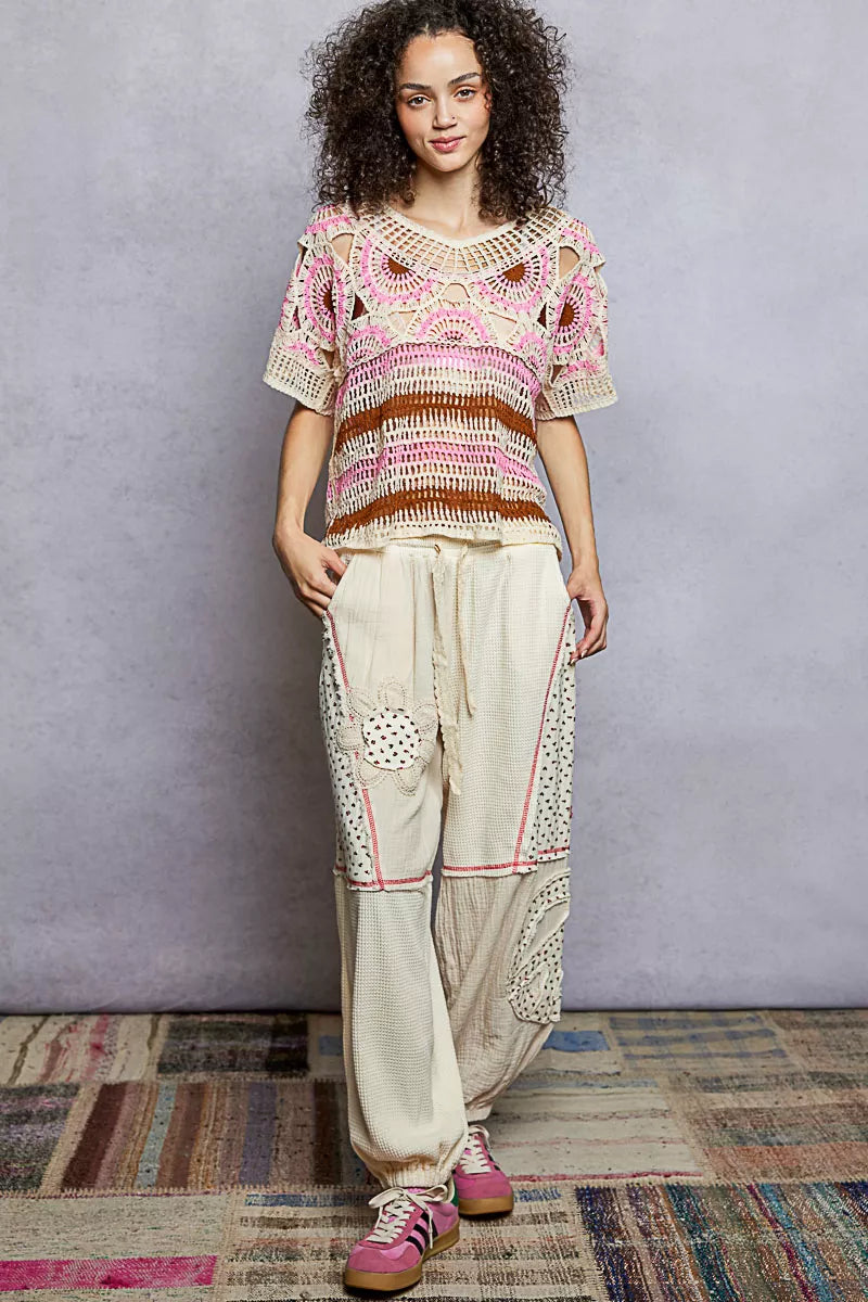 Weave Pattern Short Sleeve Crochet Top with Border Accents - Lilixa.store