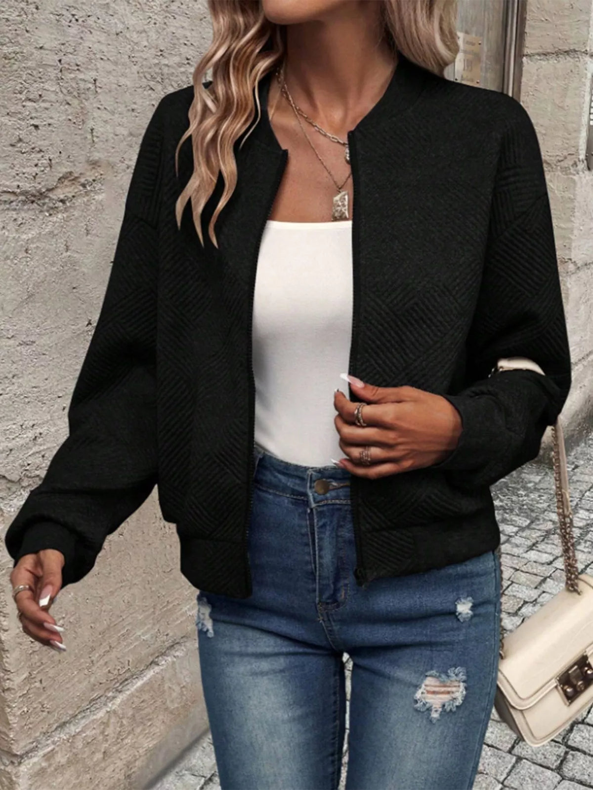 Textured Knit Zip-Up Jacket - Lilixa.store