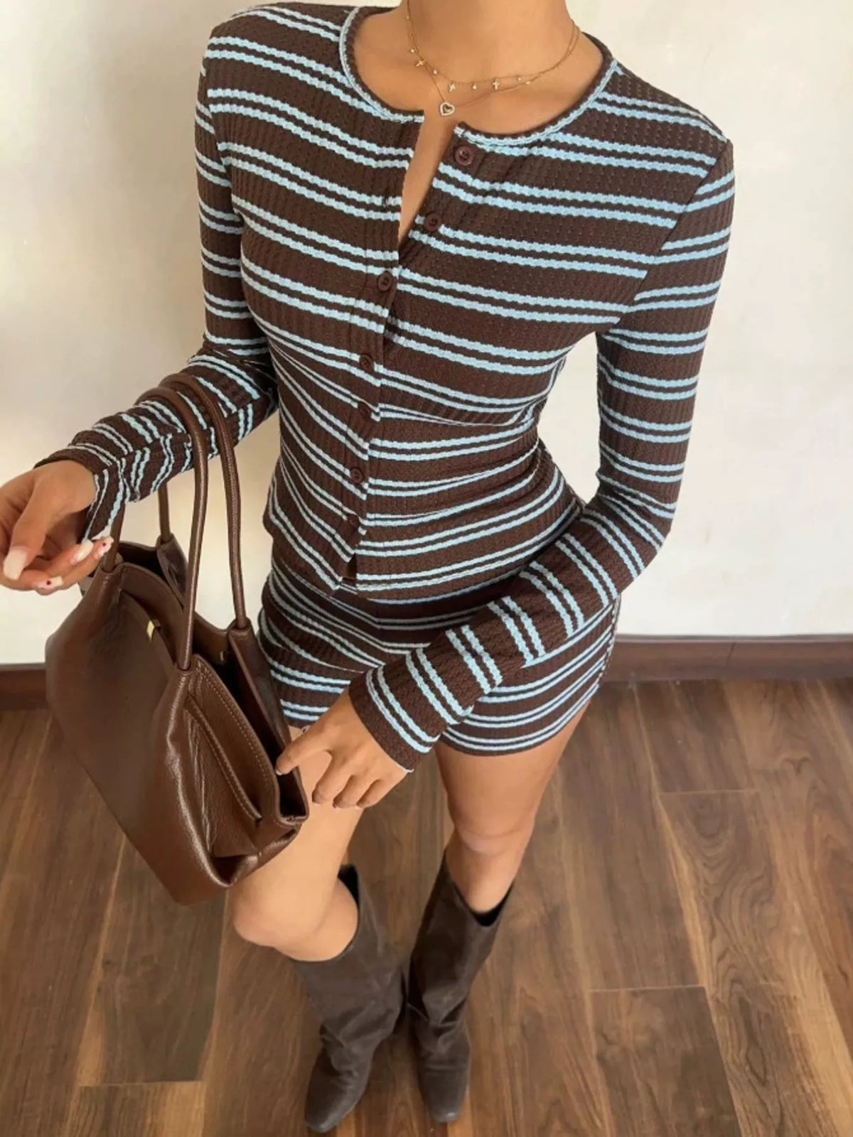 Striped Button-Down Cardigan and Shorts Set, view 3