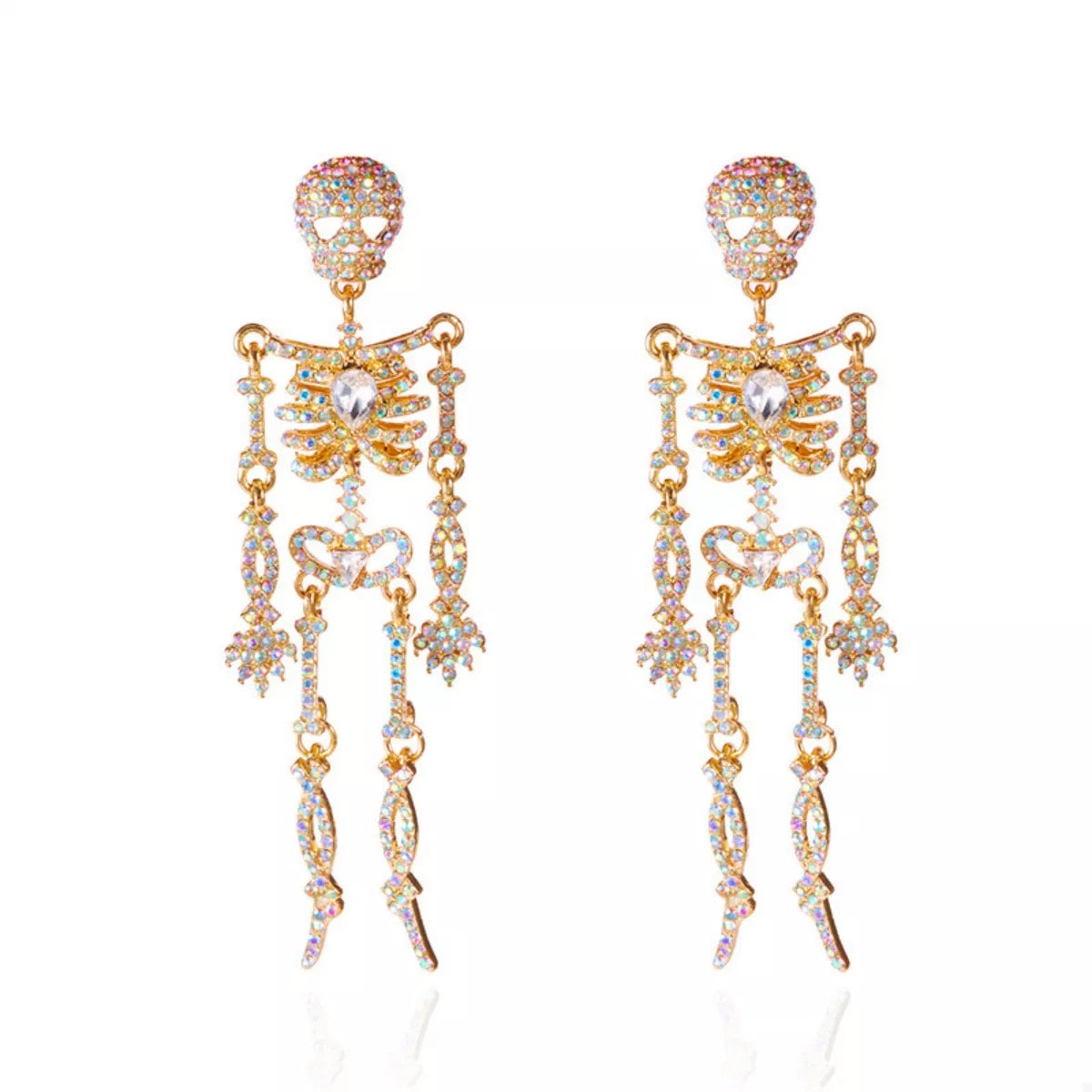 Halloween Skeleton Skull Zircon Drop Earrings in Gold, view 5