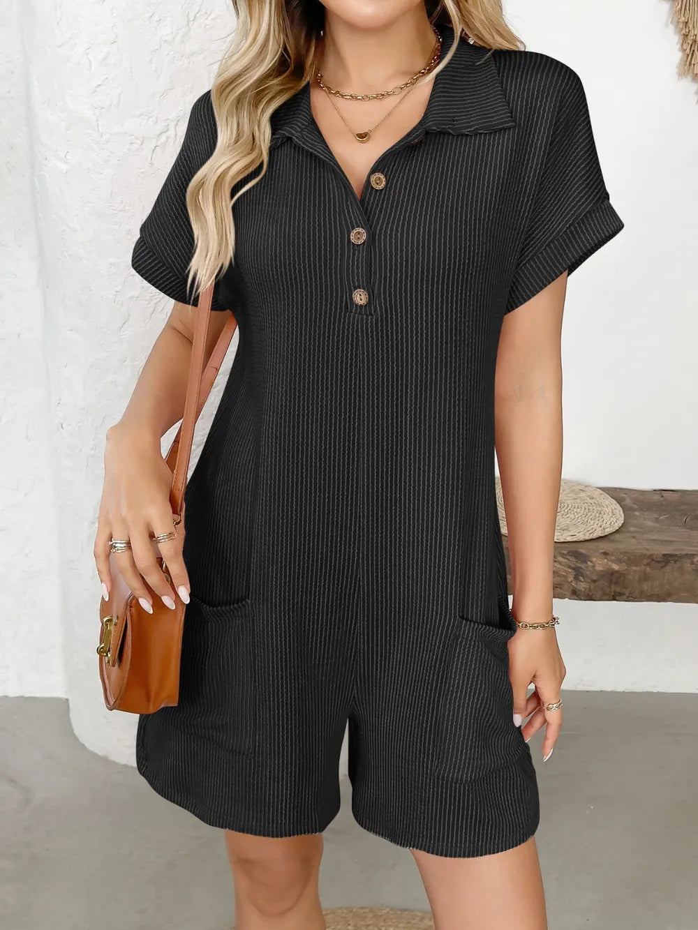 Button Detail Collared Neck Short Sleeve Romper - Lilixa.store