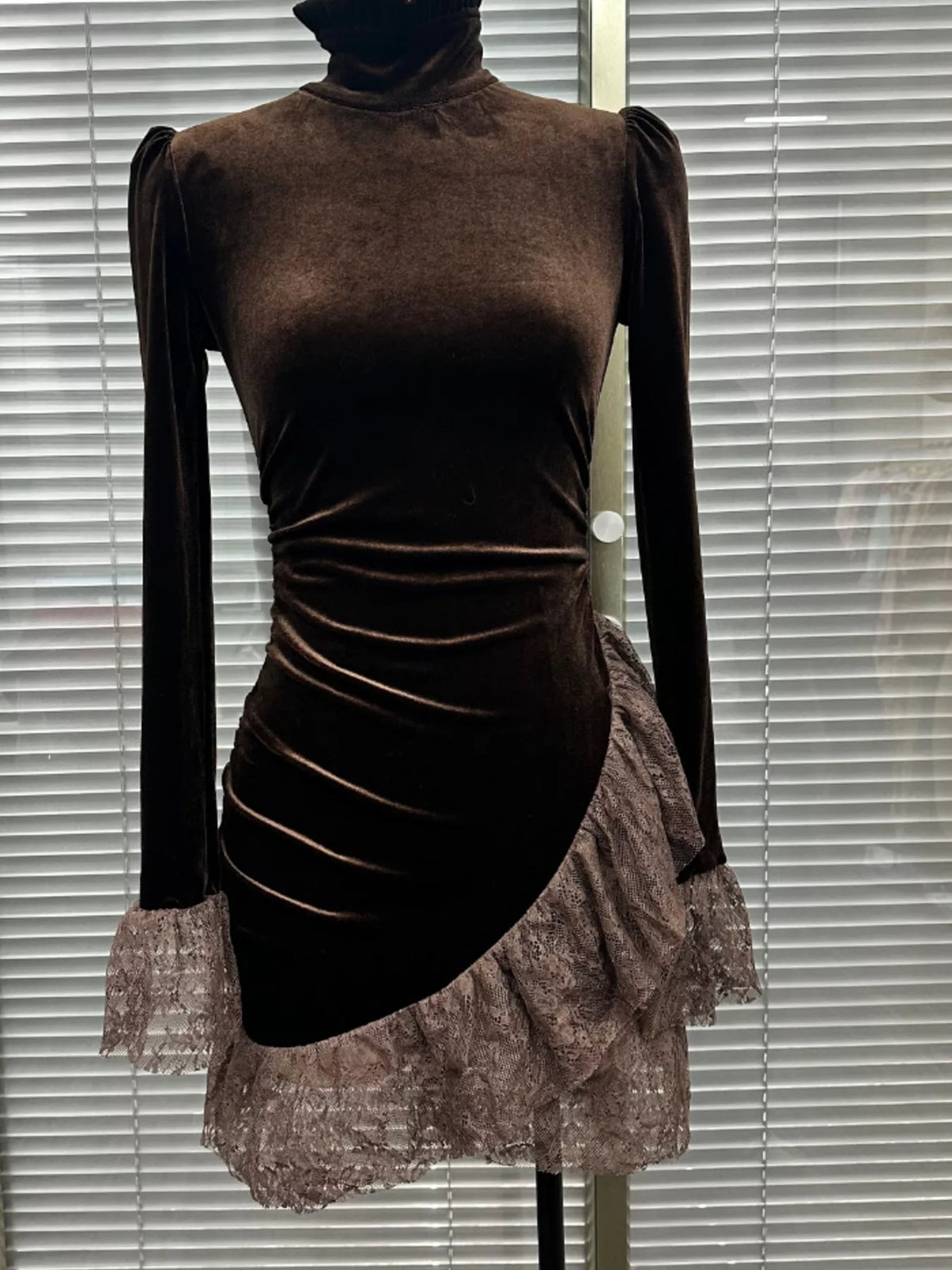 Velvet Mock Neck Mini Dress with Lace Ruffle Trim - Lilixa.store