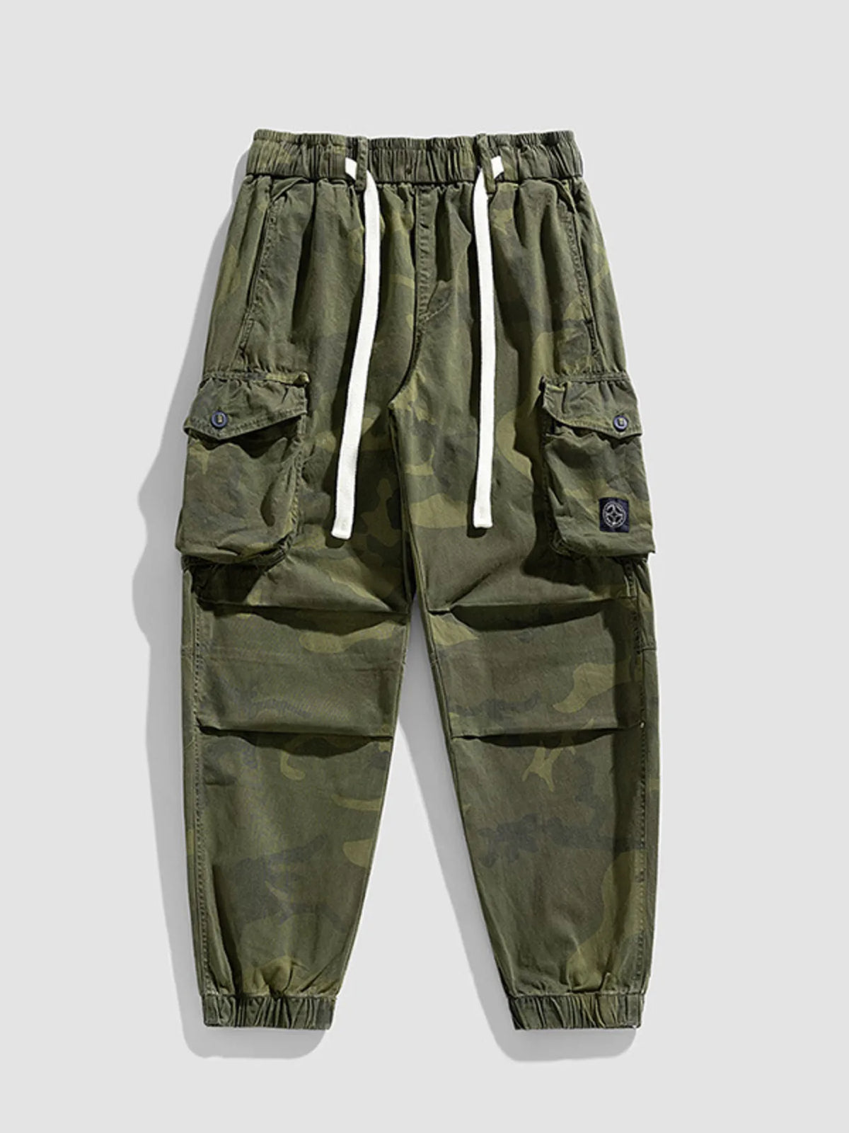 Men's Plus Size Camouflage Cargo Pants with Drawstring in Green