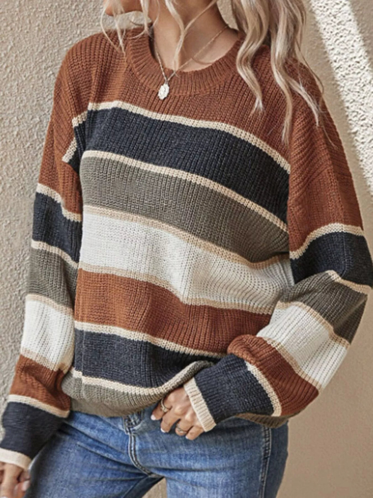 Color Block Striped Crew Neck Sweater