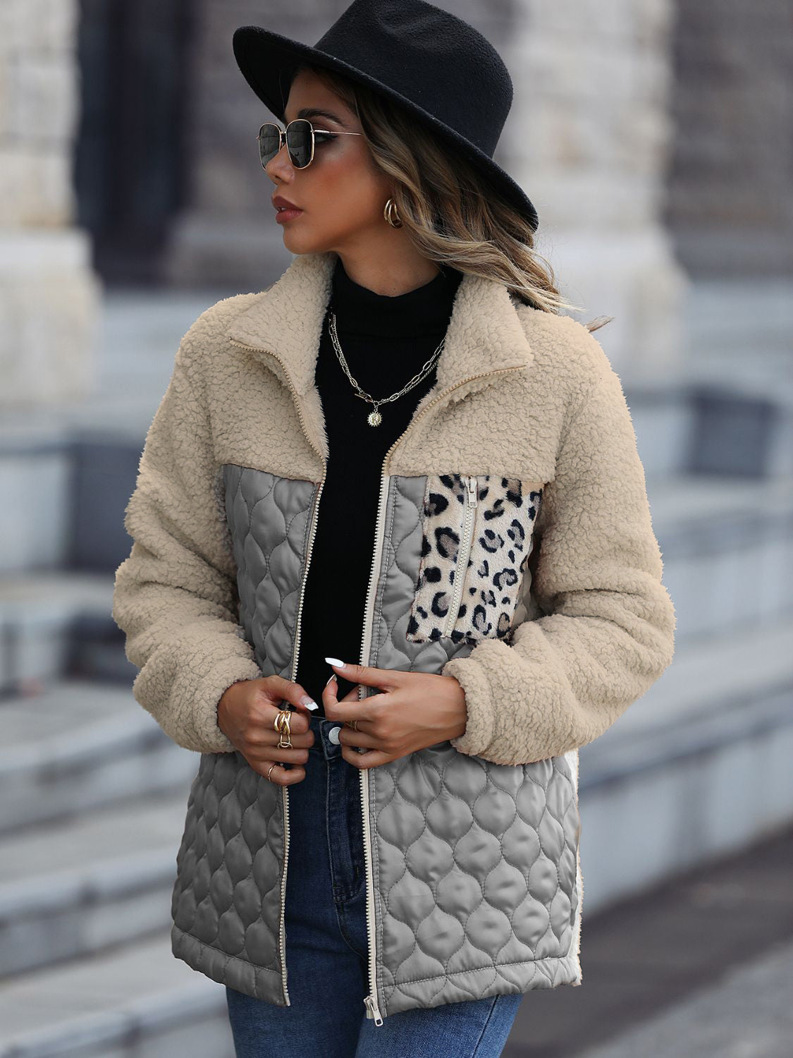 Leopard Color Block Zip-Up Jacket in Dark Gray