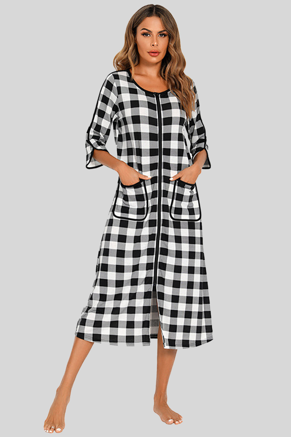 Round Neck Three-Quarter Sleeve Midi Night Dress - Lilixa.store