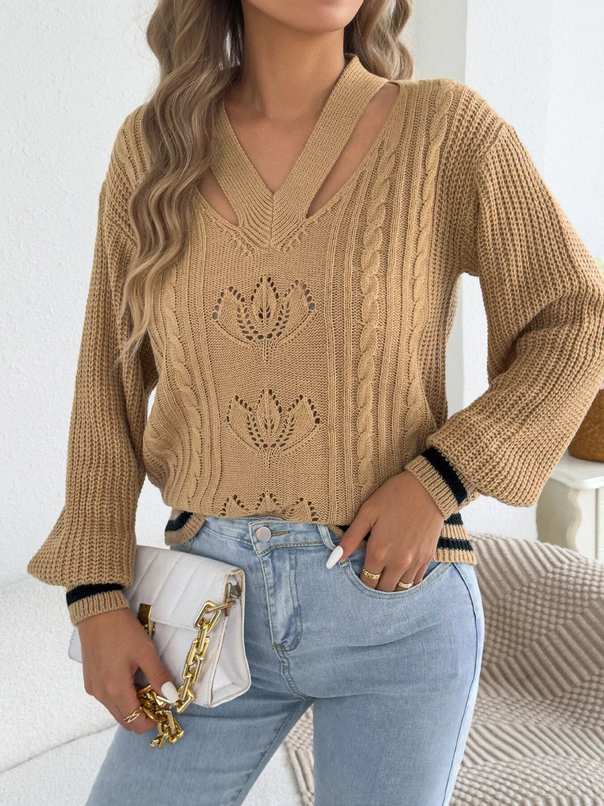 Cutout Cable Knit Sweater - Lilixa.store