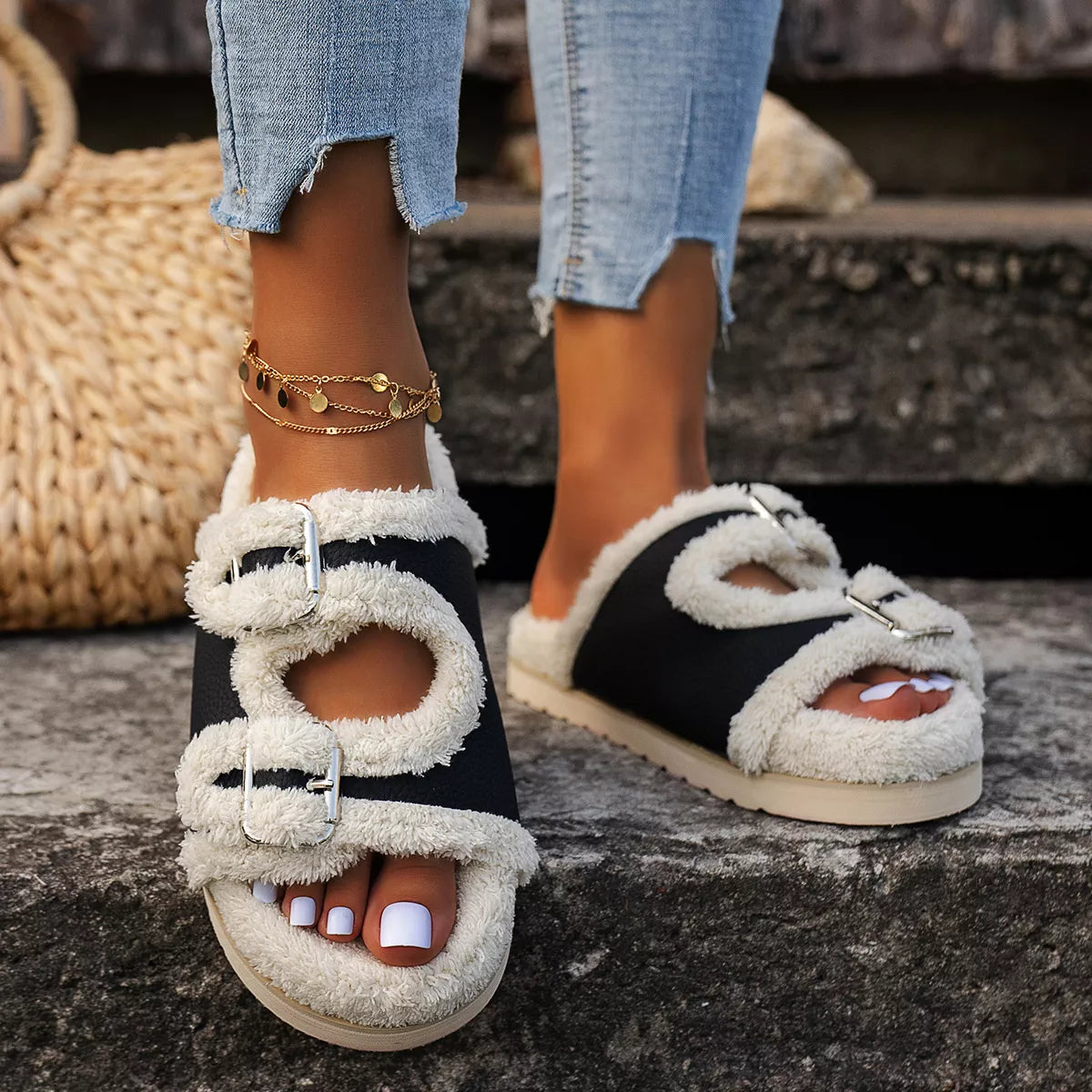 Buckle Decor Plush Lined Platform Slippers - Lilixa.store