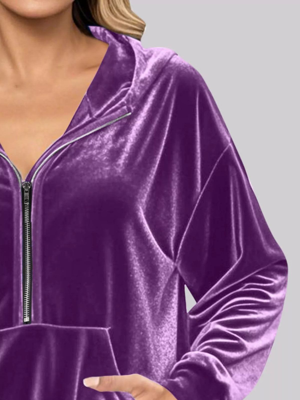 Full Size Velvet Half Zip Hoodie with Kangaroo Pocket Plus Size - Lilixa.store